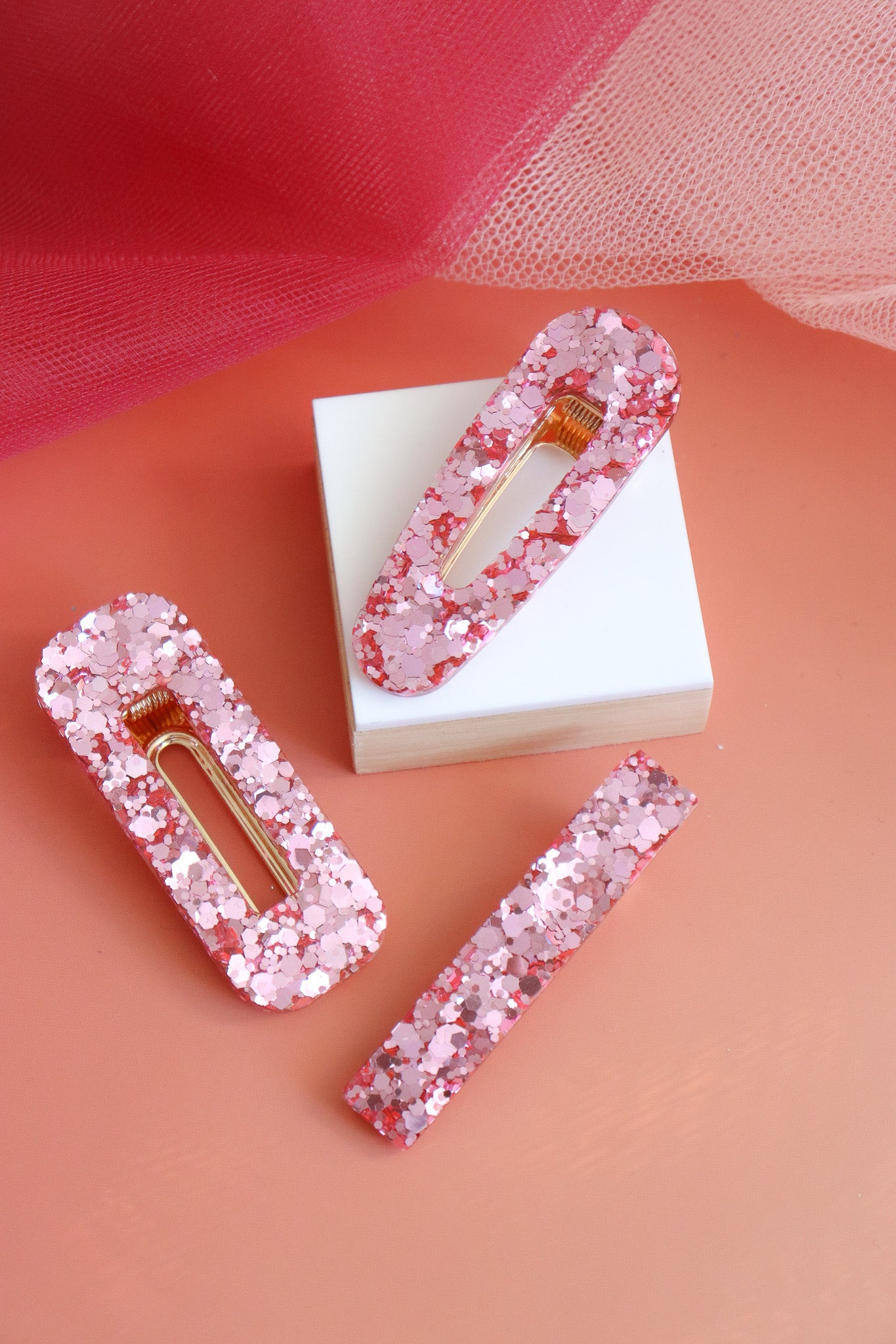 Barrette Paillettes vieux rose holographique